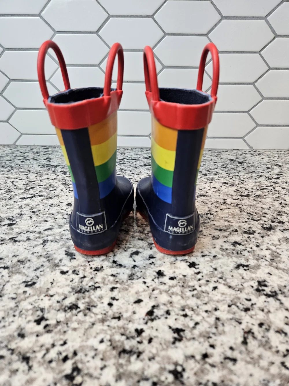 Kids Rainbow Stripe Rain & Snow Boots - Navy with Multicolor Stripes